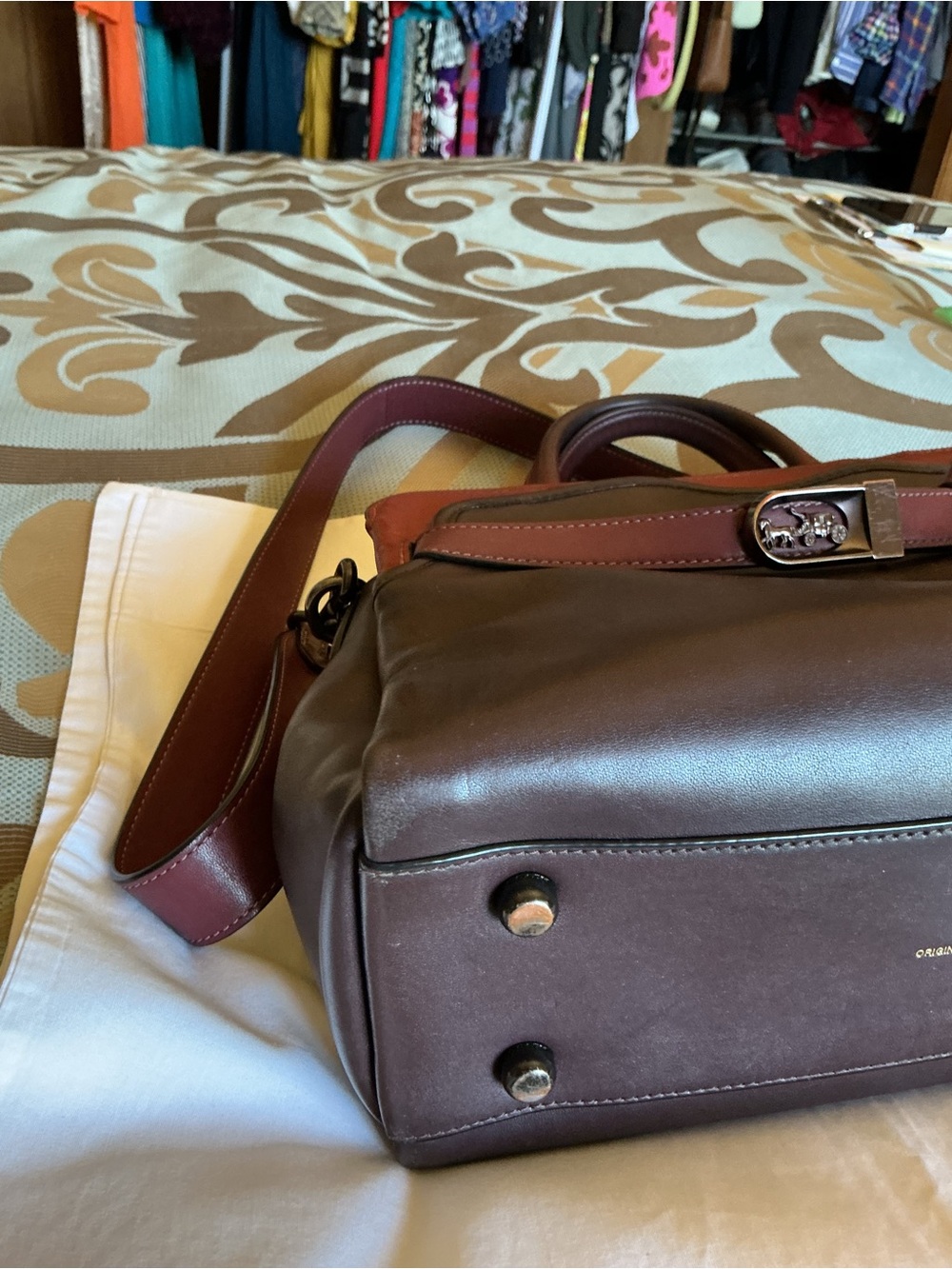 Coach Tate Carryall Two-Tone Brown and Burgundy Leather Crossbody - Picture 4 of 15